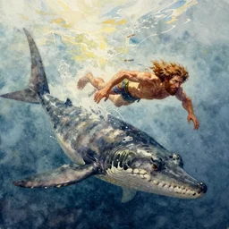 watercolor painting of prehistoric caveman!!! swimming to escape plesiosaurus, paint brush strokes, art by eric christensen, masterpiece, cinematic light, american romanticism