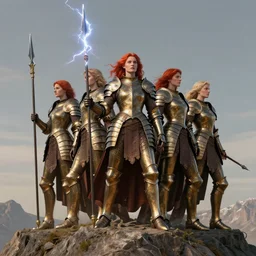 full - body matte portrait of a legion of red haired lesbian valkyries in a heroic pose and wearing thick bronze plate armor at the top of a mountain holding a spear made of lightning, art by albert bierstadt, alphonse mucha, andreas rocha, sharp edges. ultra clear detailed. 8 k. elegant. octane render