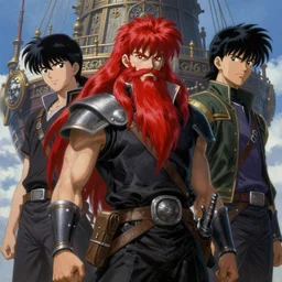 prompt : ragnarok online portrait soft light painted by james jean and katsuhiro otomo and erik jones, inspired by akira anime, epic fantasy, a long content red haired, red bearded male sky - pirate standing in front of an airship, intricate oil painting, high detail illustration, sharp high detail, manga and anime 1 9 9 9