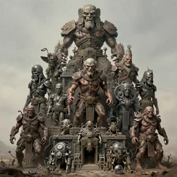inks of 6 character, tiered goliath, flayed mayan gods grimy medic god machines, cluster tiered heirarchy, battle chaos, mainframe hydrocracking battles, medical chromed, oppressive dystopian, by wayne d barlowe, francesco blanc, jack gaughan, simon bisley, geof darrow, alex nino, enric torres, hyper realism, narrative light, muted colors