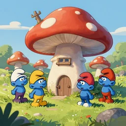 of the smurfs in there mushroom homed village in the style of meres one graffiti