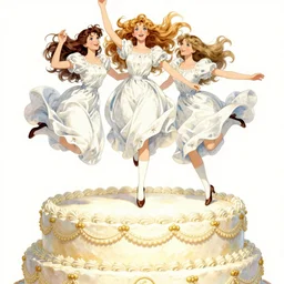 royal women jump from the huge cake, long hair, beautiful eyes, by greg hildebrandt fancy 2 1 century oil painting high quality clothed in fancy garb in pin up style