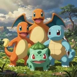 Bulbasaur, Charmander, Squirtle in one big family painting