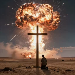 a lone man is kneeling before a wooden cross in a barren wasteland as the plume from the explosion of a nuclear bomb is seen in the distance