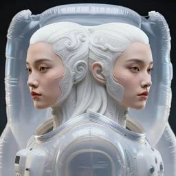 portrait of yael shelbia and kang seul - gi, astronaut, symetrical facial, white hair, intricate design details. cyberpunk touareg, by ruan jia, weldon casey, ralph mcquarrie. smooth gradients, transparent inflatable structures.