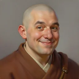 a head - on detailed oil portrait of a friendly round - faced bald male monk with a friendly smile, by charlie bowater, lise deharme, wlop, trending on artstation, dungeon and dragons art, critical role