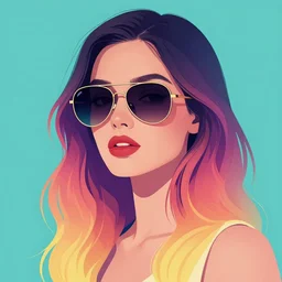 portrait art of an beautiful muted vaporwave ombre stylish retrofuturistic woman wearing oversized aviator sunglasses atmosphere, glow, shaded, full of colour, cinematic lighting, trending on artstation, 4 k, focused, vector, by patrick nagel, simple bold clean lines