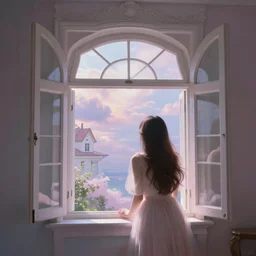 ( a house made of dreams has a window that overlooks other worlds and universes, a woman from the back looks through the window ) by noah bradley, photorealistic, dynamic lighting, beautiful, trending on artstation, wallpaper, dream, 4 k, award winning, lovely pastel colors, ethereal, elegant