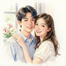 a watercolor and pencil on old paper photo portrait scene, of very sweet lovers hugging by the lighted window. flowers. clear face. subsurface scattering shiny skin. beautiful lighting, 4 k post - processing, trending in art station, cg society, highly detailed, 5 k extremely detailed, 3 d. cinematic scene. sharp image.