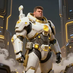 portrait of a fat man sci fi soldier ranger, brutalist city architecture, dark epic, white and gold and yellow, emissive lights and cables and wires, high details, ceremonial clouds, dripping paint, fibonacci rhythm, artstation, art germ, wlop, pablo dominguez, sabbas apterus, award - winning, artstation