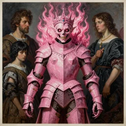 pink grotesque gothic armor tiara with engraved flames, monumental painting by gerrit van honthorst and hajime sorayama and el grecco, illusion surreal art, highly conceptual figurative art, intricate detailed oil illustration, controversial poster art, polish poster art 1 9 8 0