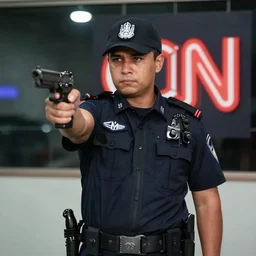photo of a cop holding a gun, night, cnn