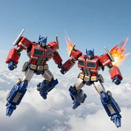 8k ultrarealistic dogfight in the sky between Starscream and Jetfire from Transformers, Transformers Prime, Transformers Generation One, Transformers G1, VF-1S Jetfire, Robots, Mecha, Sunny day with clear sky, action scene, action lines, fight scene, robot mode,