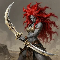 saiyan girl, wild spiky red hair, long spiky hair, electrified hair, holding scimitar made of bone, scimitar, sword, jagged sword, curved sword, orkish sword, colorized, gray skin, hyper - detailed, primeval fantasy, prehistoric fantasy, drawn by frank frazetta