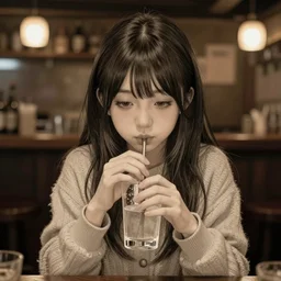 anime girl sitting and drinking in a cozy bar, 2, volumetric lighting, symmetrical face, detailed face, hyper real, pencil art, moody lighting, cute, comfy