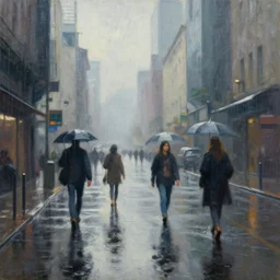 a photograph of a futuristic street scene, maximalist style, rain, cinematic reflections, overcast, soft edges, finely detailed oil painting, impasto brush strokes, soft light, 8 k, dramatic composition, studio lighting, sharp focus, octane render, masterpiece, by adrian ghenie and jenny saville and zhang jingna