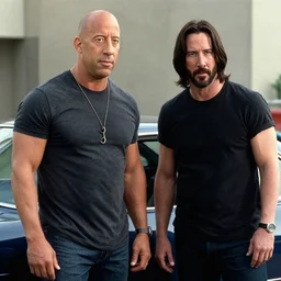 film still of Vin Diesel as Domenic Toreto and Keanu Reeves as Brian O’Conner in Fast and the Furious