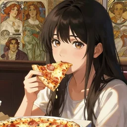 “ anime, pretty girl eating pizza, light and shadow effects, intricate, highly detailed, digital painting, art station, concept art, smooth, sharp focus, illustration, advanced digital anime art, art by artgerm and greg rutkowski and alphonse mucha and william - adolphe bouguereau, craig mullins, j. c. leyendecker, atmospheric lighting, detailed face, by makoto shinkai, stanley artgerm lau, wlop, rossdraws ”