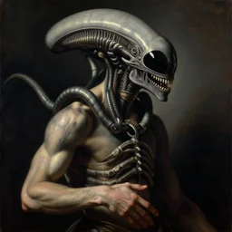 male xenomorph painted by el greco, aristocratic pose, high contrast, painting, portrait