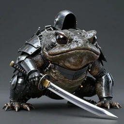 a from below wide shot of a huge wide toad in a futuristic armour with Japanese katana sword, open helmet, cyberpunk, Japanese style, hyper realistic, hyper detailed, sharpened, coherent picture, volumetric lightning, neon, electric colours, Filmic, Cinematic, Dramatic, Film Grain, Kodak Portra, Depth of Field, 15 mm octane render, 4k, raytracing, blender