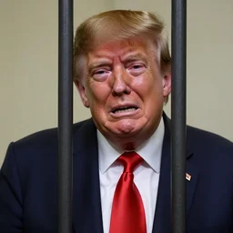 donald trump in jail, behind bars crying tears and snot. candid photograph.
