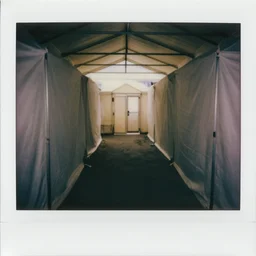 inside a hallway made of empty medical tents, eerie, surreal, creepy, old polaroid, expired film,