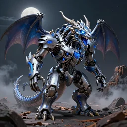 snarling mechanical humanoid dragon with silver and blue color scheme standing in a smoking crater, glowing eyes, glowing mouth, highly detailed, full body single character, centered, moonlit night, good value control, high contrast, cinematic, illustration, concept art