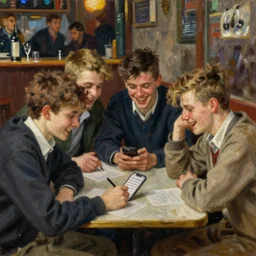 a hyperrealistic painting by ilya repin of a group of young people sitting by a table and on writing a message on an iphone. laughing and discussions. inside a bar. 5 0 mm. very detailed.