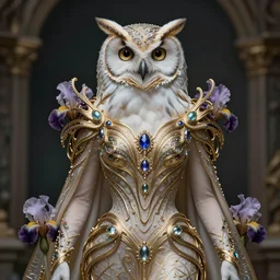 a fantasy owl queen, beauty portrait, opulent costume inspired by iris van herpen