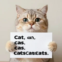 realistic high quality photo of a cute cat holding a sign with text that reads : dream, cat, cas, cat cat dreamcats, cats, cas, cas, catss, cats, catscatscats, cats