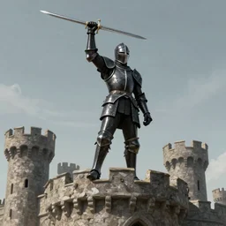 black knight with raised broad sword standing atop castle, fantasy art, highly detailed, realistic, Diego Gisbert style,