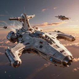 extremely detailed spaceship battle in outer space, stunning volumetric light, sunset, metal, concrete and translucent material, stunning skies, trending on Artstation, 8k, photorealistic, hyper detailed, unreal engine 5, IMAX quality, cinematic, epic lighting, in the style of Greg Rutkowski