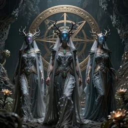 The three moiras, dressed in robes of veils and storms with intricate jewels and intricate branches with a biocomputer heads, on an epic intricate oroboros, behind a large and detailed sculpted astrolabe, inside a cave with  biomechanical flowers, dramatic atmosphere, Diffused lighting, highly detailed digital art, trending on artstation, depth of field