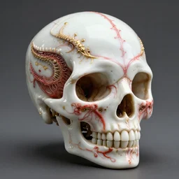 complex 3 d render of a beautiful porcelain alien fractal skull. white and red gold, fractal veins. dragon cyborg, 1 5 0 mm, beautiful natural soft light, rim light, gold fractal details, fine lace, mandelbot fractal, anatomical, glass, facial muscles, elegant, ultra detailed, metallic armor, octane render, depth of field