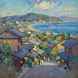 a beautiful japanese city near the sea, ryokans and edo era houses, cyberpunk, lofi vibe, colorful, oil painting in impressionist style, by jeremy lipkin, john berkey, claude monet, dino valls, by makoto shinkai, multiple brush strokes, inspired by ghibli, masterpiece