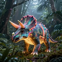 neon glowing triceratops in a foggy jungle by magali villeneuve