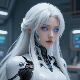 detailed portrait of perfect android girl, warframe armor, beautiful face, scifi, futuristic, space station, laboratory, song hye - kyo, dreamy, long white hair, blue cyborg eyes, cinematic lighting, innocent, highly detailed, sharp focus, smooth, artstation, intricate, award winning, pure aura, utopia!!, by akihiko yoshida