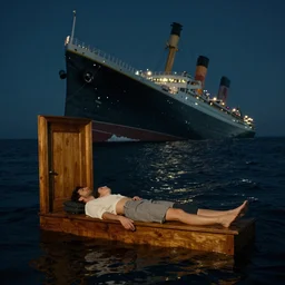 a large wooden door floats on the surface of the dark waters of the atlantic ocean, a man and woman are both laying down horizontal on top of it, behind them the titanic sinks, protruding upward from the water at a 4 5 degree angle, night, intimate, hyperrealistic