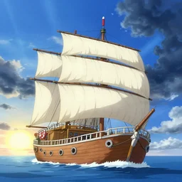 one piece ship sailing, dynamic blue sky, storm sky, sun sunset, with blue light piercing through clouds, makoto shinkai, royal blue colors, lighting refraction, volumetric lighting, pixiv art, highly detailed, anime art, symmetrical, wlop, anime art