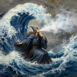stunning male wizard causing huge tsunami by exhaling breath, highly detailed painting by gaston bussiere, craig mullins, j. c. leyendecker, 8 k