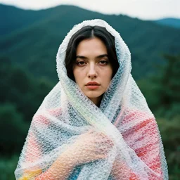 a closeup portrait of a woman wrapped in colorful bubble wrap, standing in front of a black forest, color photograph, by vincent desiderio, canon eos c 3 0 0, ƒ 1. 8, 3 5 mm, 8 k, medium - format print