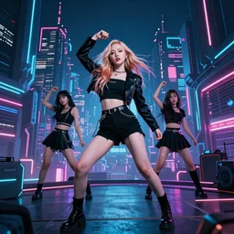 a girl like (yoona, Elle Fanning), dancing, background cyberpunk city, kpop, fullshot, photo, volumetric lighting, epic composition, intricate details, dark neon punk, by KDA
