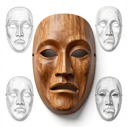 wooden mask of fear character design, character sheet, Moebius, Greg Rutkowski, Zabrocki, Karlkka, Jayison Devadas, Phuoc Quan, trending on Artstation, 8K, ultra wide angle, zenith view, pincushion lens effect