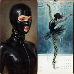 two anime beautiful female body silhouettes, beautiful acrylic fluid portrait, photography by amy leibowitz, renaissance painting by michaelangelo, matte fresco, black latex female balaclava, female calendar, ballerina body covered with black laces, underwater, melting glass, close up portrait, cinematic still, film still, magic hour, fashion portrait, black colors, sketch