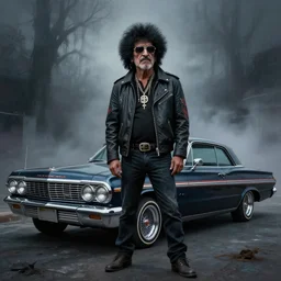 chicano street style grunge painting of a lowrider. by bob ross, grim, gothic, ominous, haunting, foggy background, immaculate scale, hyper - realistic, trending on artstation, 8 k, detailed, atmospheric, immaculate