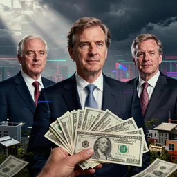 vaporwave glitchy corrupt jpeg of corrupt officials with lots of money