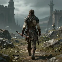 an adventurer with a crossbow walking in morrowind province, melancholic atmosphere, artstation, great level of detail