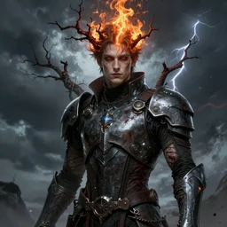 portrait of beautiful gothic and futuristic young man, more thunderstorm, cyber armor, a lot of scars, branches from a tree, fire head, the middle ages, highly detailed, artstation, illustration, art by jean delville, 8 k quality, art by greg gandy