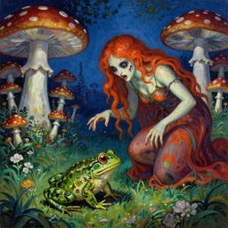 Scary godlike fairy killing a frog ,detailed mushroom village in the background , Taras Shevchenko style, post-processing, fantasy , masterpiece , junji ito, painting , psychedelic colored