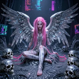 a highly detailed symmetric wide shot of Grimes as a fallen angel, sitting in a large glittery hell simulation with skulls and neon computer code